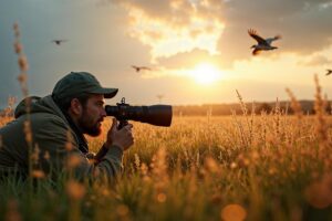 Fotograaf liggend in het gras bij gouden uurochtendlicht, gericht op vogels in vlucht met een lange telelens op een gimbal, scherpe dauwdruppels op grassprietjes op de voorgrond en zachte bokeh-achtergrond