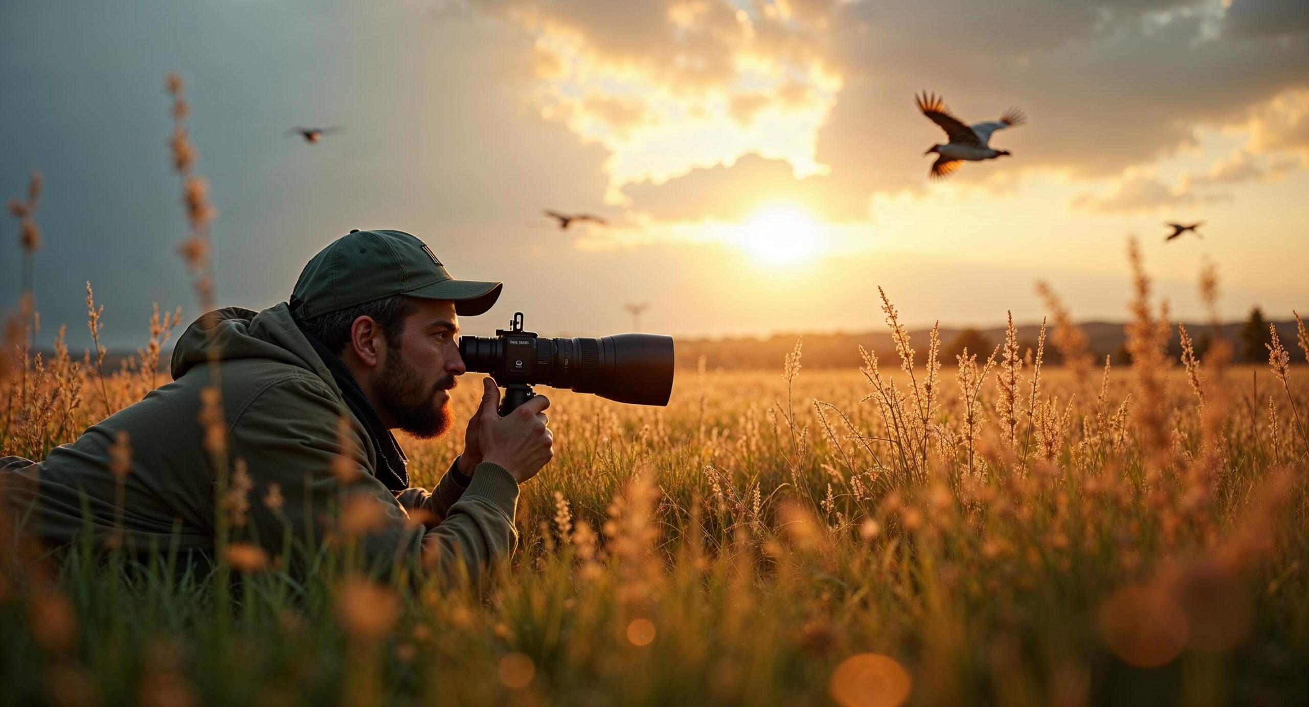 Fotograaf liggend in het gras bij gouden uurochtendlicht, gericht op vogels in vlucht met een lange telelens op een gimbal, scherpe dauwdruppels op grassprietjes op de voorgrond en zachte bokeh-achtergrond