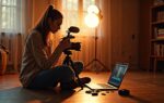 Jonge vrouw past instellingen aan op een spiegelloze camera op statief in een warme studio met LED-licht, externe microfoon en geheugenkaarten verspreid op de vloer