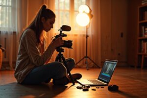 Jonge vrouw past instellingen aan op een spiegelloze camera op statief in een warme studio met LED-licht, externe microfoon en geheugenkaarten verspreid op de vloer