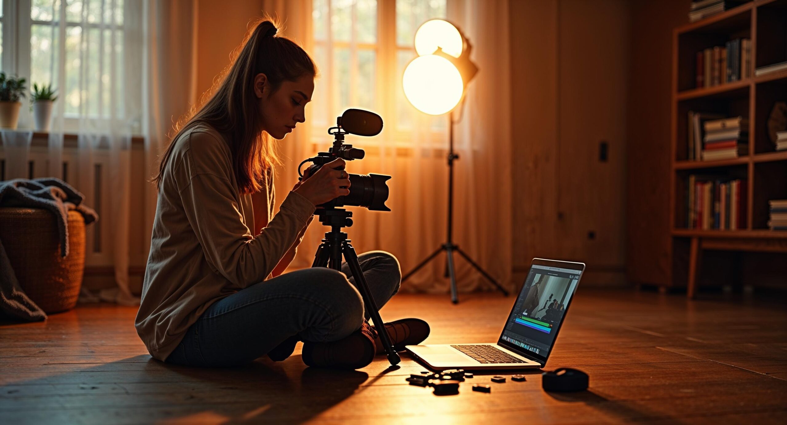 Jonge vrouw past instellingen aan op een spiegelloze camera op statief in een warme studio met LED-licht, externe microfoon en geheugenkaarten verspreid op de vloer