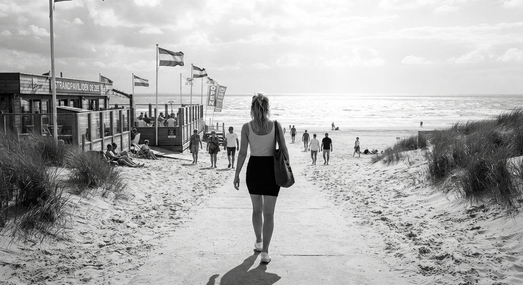 vrouw wandelt naar het strand (door AI)