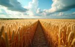 Laag perspectief in een rijp goudgeel tarweveld in Zeeland met diagonale tractorsporen, dramatische blauwe wolkenlucht en een groene weidegrens aan de horizon tijdens het gouden uur