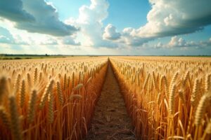 Laag perspectief in een rijp goudgeel tarweveld in Zeeland met diagonale tractorsporen, dramatische blauwe wolkenlucht en een groene weidegrens aan de horizon tijdens het gouden uur