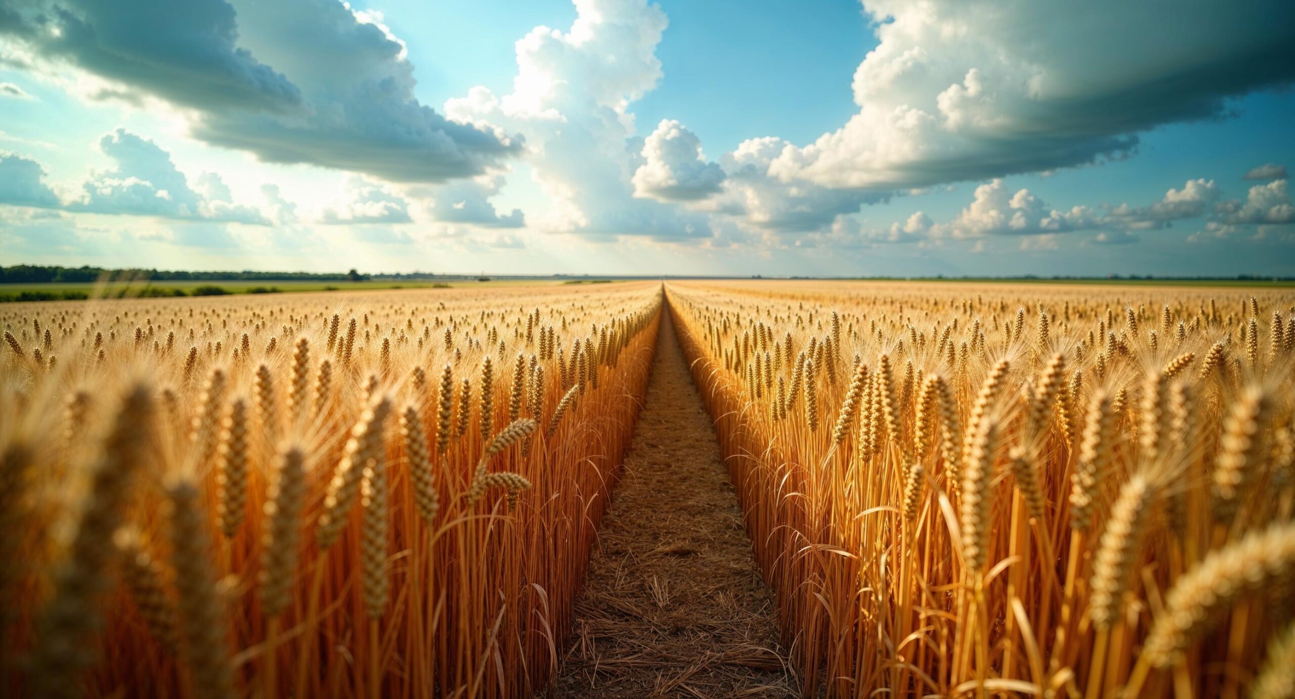 Laag perspectief in een rijp goudgeel tarweveld in Zeeland met diagonale tractorsporen, dramatische blauwe wolkenlucht en een groene weidegrens aan de horizon tijdens het gouden uur