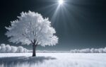 Infrared photograph of a solitary tree with glowing white foliage against a near-black dramatic sky in a sunlit summer meadow