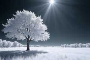 Infrared photograph of a solitary tree with glowing white foliage against a near-black dramatic sky in a sunlit summer meadow