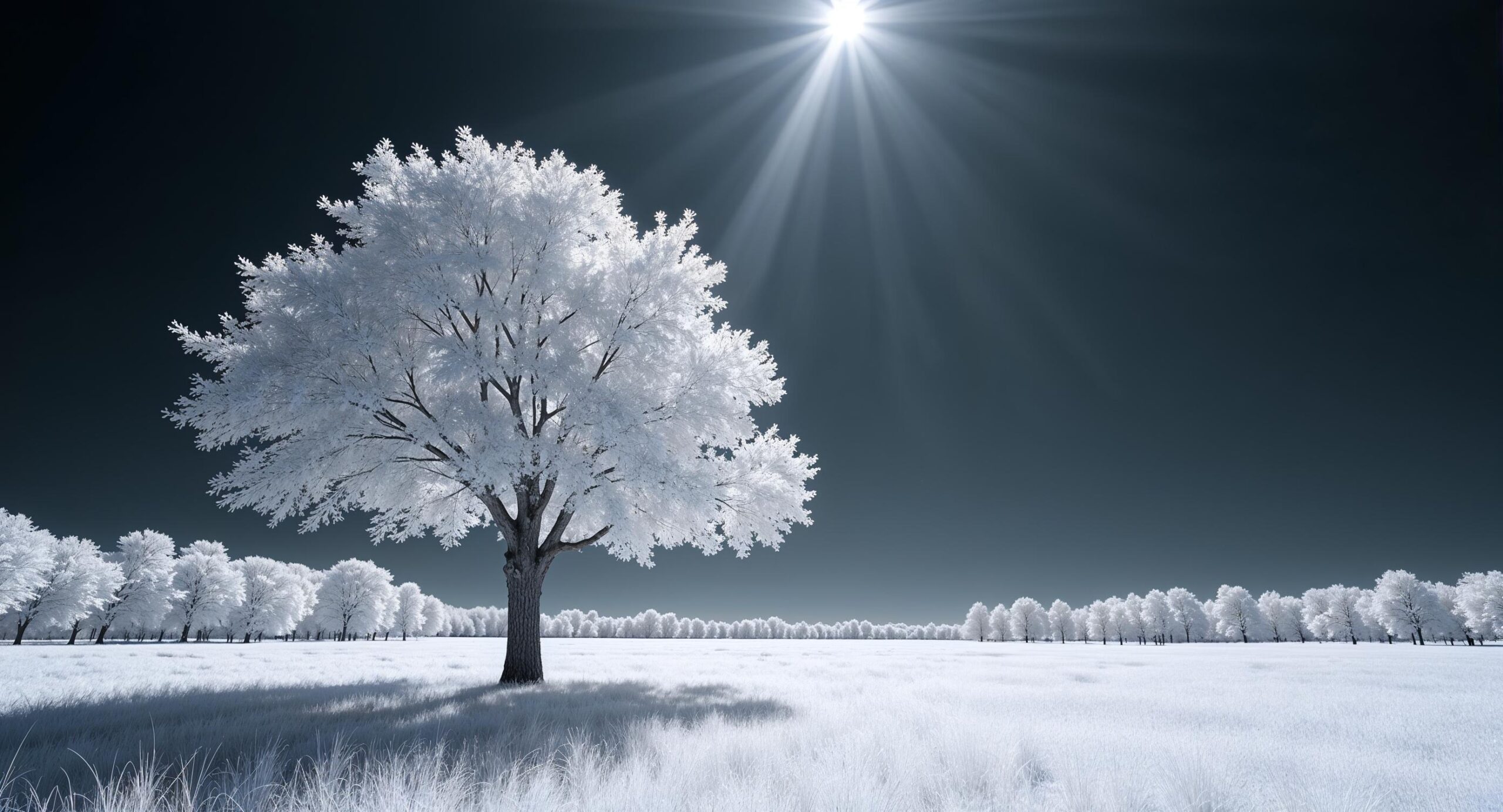 Infrared photograph of a solitary tree with glowing white foliage against a near-black dramatic sky in a sunlit summer meadow