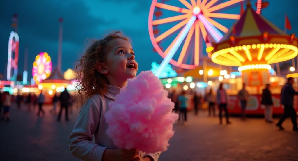 Young girl with cotton candy looking up in wonder at a glowing Ferris wheel during a Dutch night carnival with colorful bokeh lights in the background