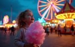 Young girl with cotton candy looking up in wonder at a glowing Ferris wheel during a Dutch night carnival with colorful bokeh lights in the background