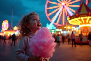 Young girl with cotton candy looking up in wonder at a glowing Ferris wheel during a Dutch night carnival with colorful bokeh lights in the background