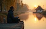 Fotograaf zit meditatief op een houten steiger boven een Nederlandse gracht bij dageraad, omgeven door wilgentakken en gouden ochtendreflecties in het water