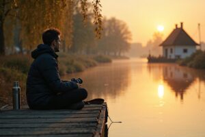 Fotograaf zit meditatief op een houten steiger boven een Nederlandse gracht bij dageraad, omgeven door wilgentakken en gouden ochtendreflecties in het water