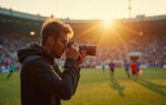 Fotograaf fotografeert snelle actie bij gouden-uurlicht in een sportarena, waarbij de juiste powermanagement-instelling het verschil maakt