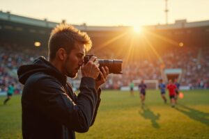 Fotograaf fotografeert snelle actie bij gouden-uurlicht in een sportarena, waarbij de juiste powermanagement-instelling het verschil maakt
