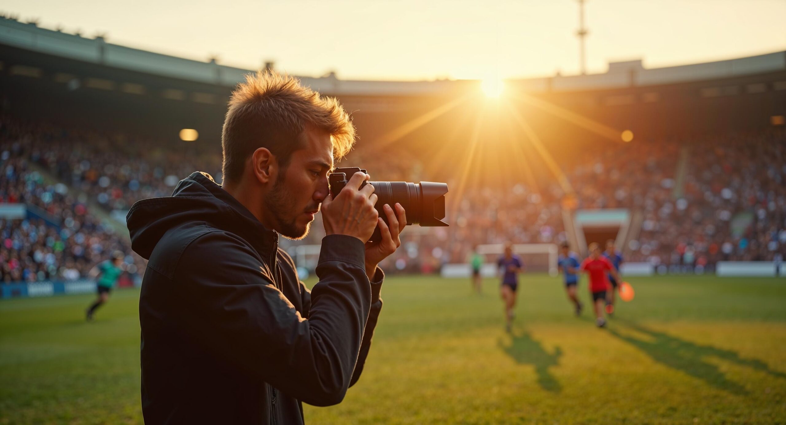 Fotograaf fotografeert snelle actie bij gouden-uurlicht in een sportarena, waarbij de juiste powermanagement-instelling het verschil maakt