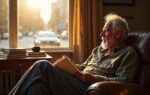 An older male photographer sits in a leather armchair by a sunlit window, holding a small photography book while gazing pensively outside, surrounded by stacked monographs in warm afternoon light