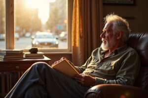An older male photographer sits in a leather armchair by a sunlit window, holding a small photography book while gazing pensively outside, surrounded by stacked monographs in warm afternoon light