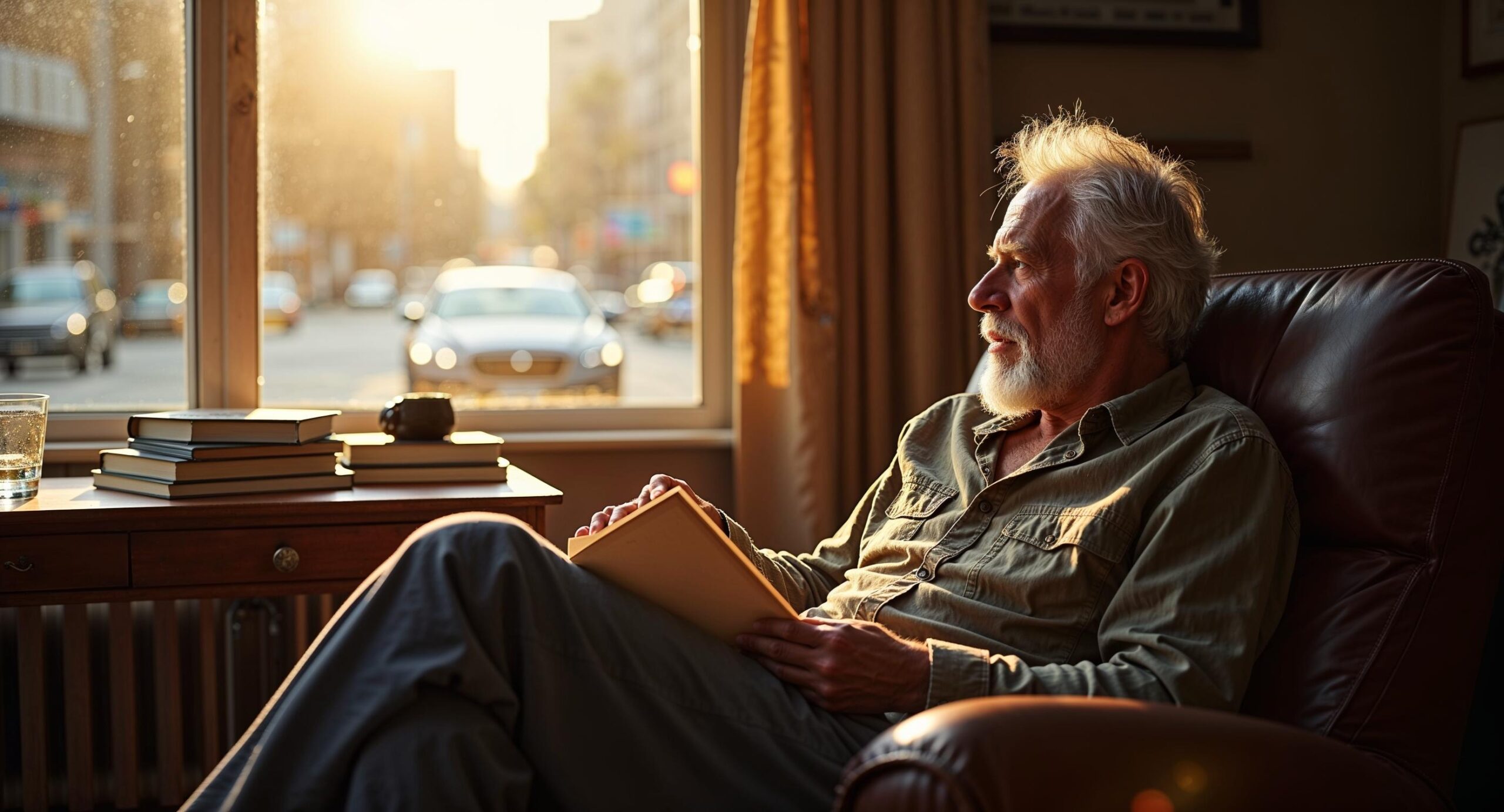 An older male photographer sits in a leather armchair by a sunlit window, holding a small photography book while gazing pensively outside, surrounded by stacked monographs in warm afternoon light
