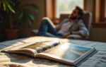 Open fotoboek met reisfoto's op een linnen tafel in warm zijdelings licht, man op de achtergrond bladert geïnteresseerd mee