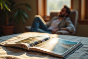 Open fotoboek met reisfoto's op een linnen tafel in warm zijdelings licht, man op de achtergrond bladert geïnteresseerd mee