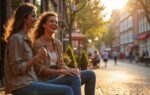 Twee vriendinnen op een zonnig terras in Amsterdam, één lacht oprecht met stralende ogen terwijl de ander glimlachend toekijkt, gevangen in een eerlijk moment van verbinding