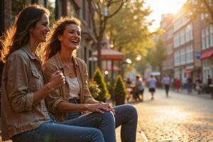 Twee vriendinnen op een zonnig terras in Amsterdam, één lacht oprecht met stralende ogen terwijl de ander glimlachend toekijkt, gevangen in een eerlijk moment van verbinding
