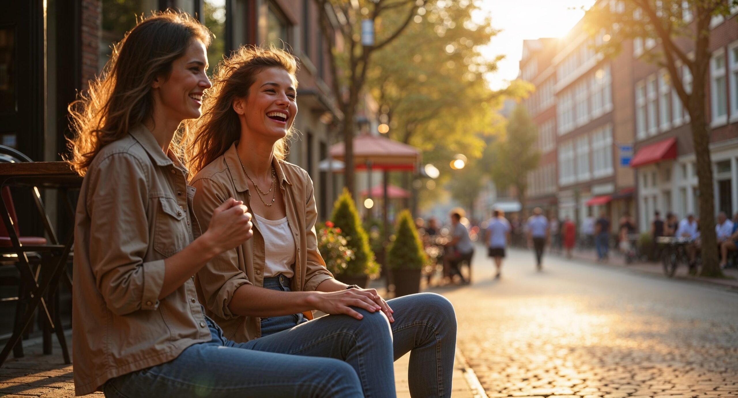Twee vriendinnen op een zonnig terras in Amsterdam, één lacht oprecht met stralende ogen terwijl de ander glimlachend toekijkt, gevangen in een eerlijk moment van verbinding