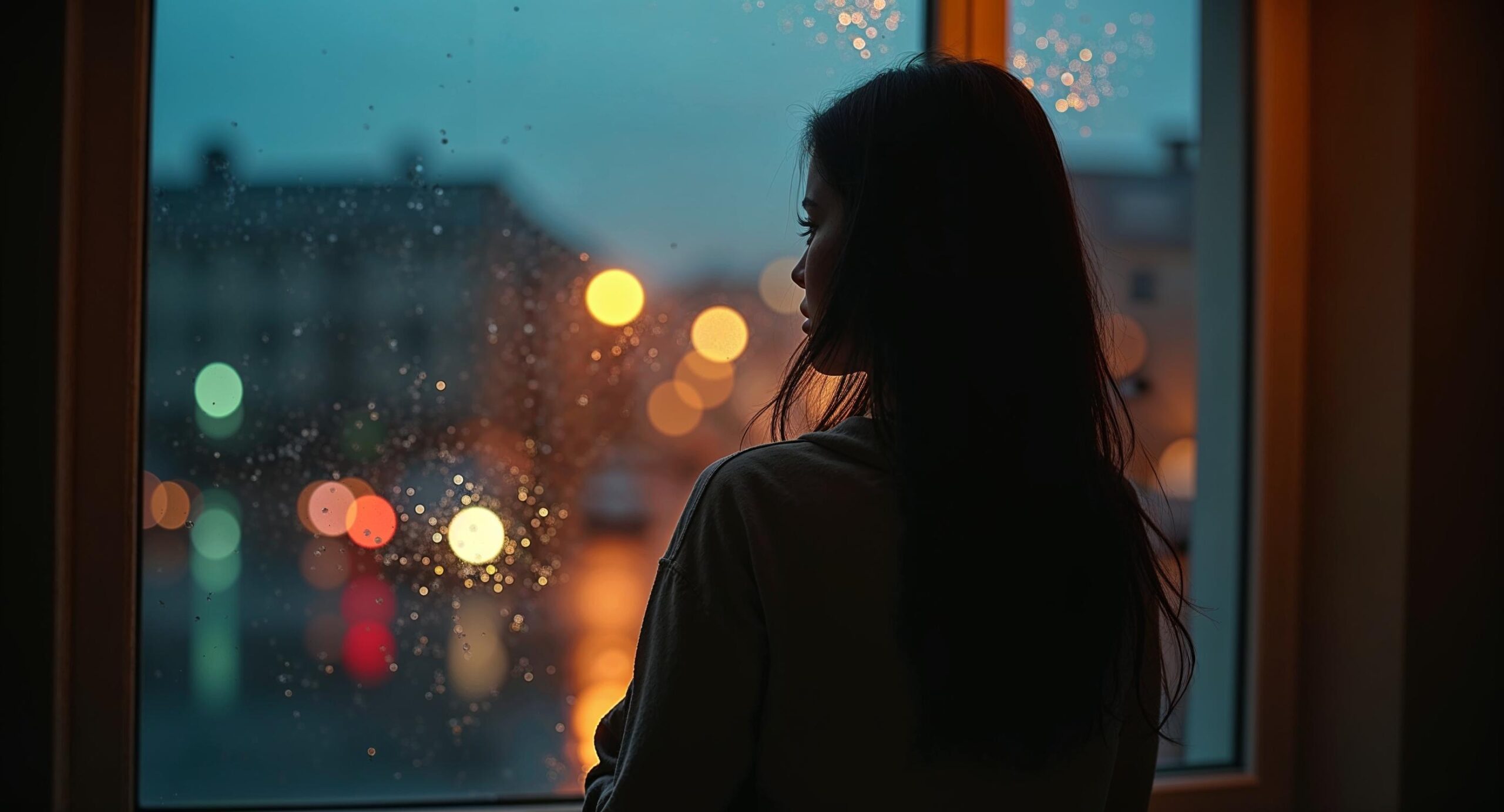 Vrouw van achteren gefotografeerd terwijl ze door een regenachtig raam naar buiten kijkt, haar silhouet scherp en haar gezichtsreflectie zichtbaar in het glas