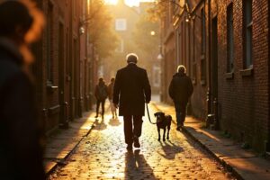 Elderly man walking his dog through a sunlit Haarlem canal street with dramatic shadows, observed quietly from the foreground