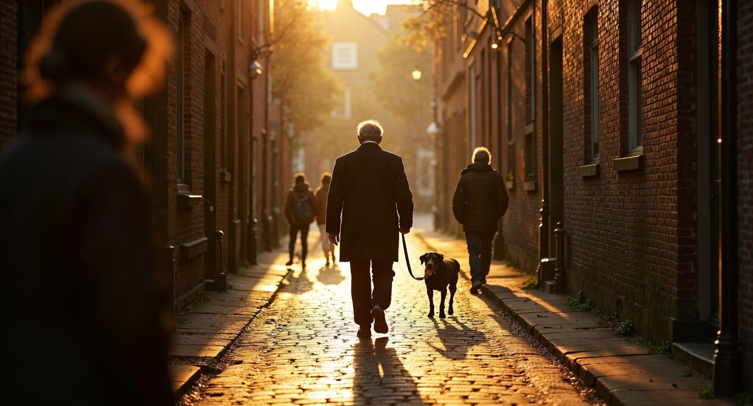 Elderly man walking his dog through a sunlit Haarlem canal street with dramatic shadows, observed quietly from the foreground