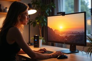Fotografe kalibreert haar monitor met een colorimeter in een neutraal verlichte werkruimte tijdens fotobewerkingssessie