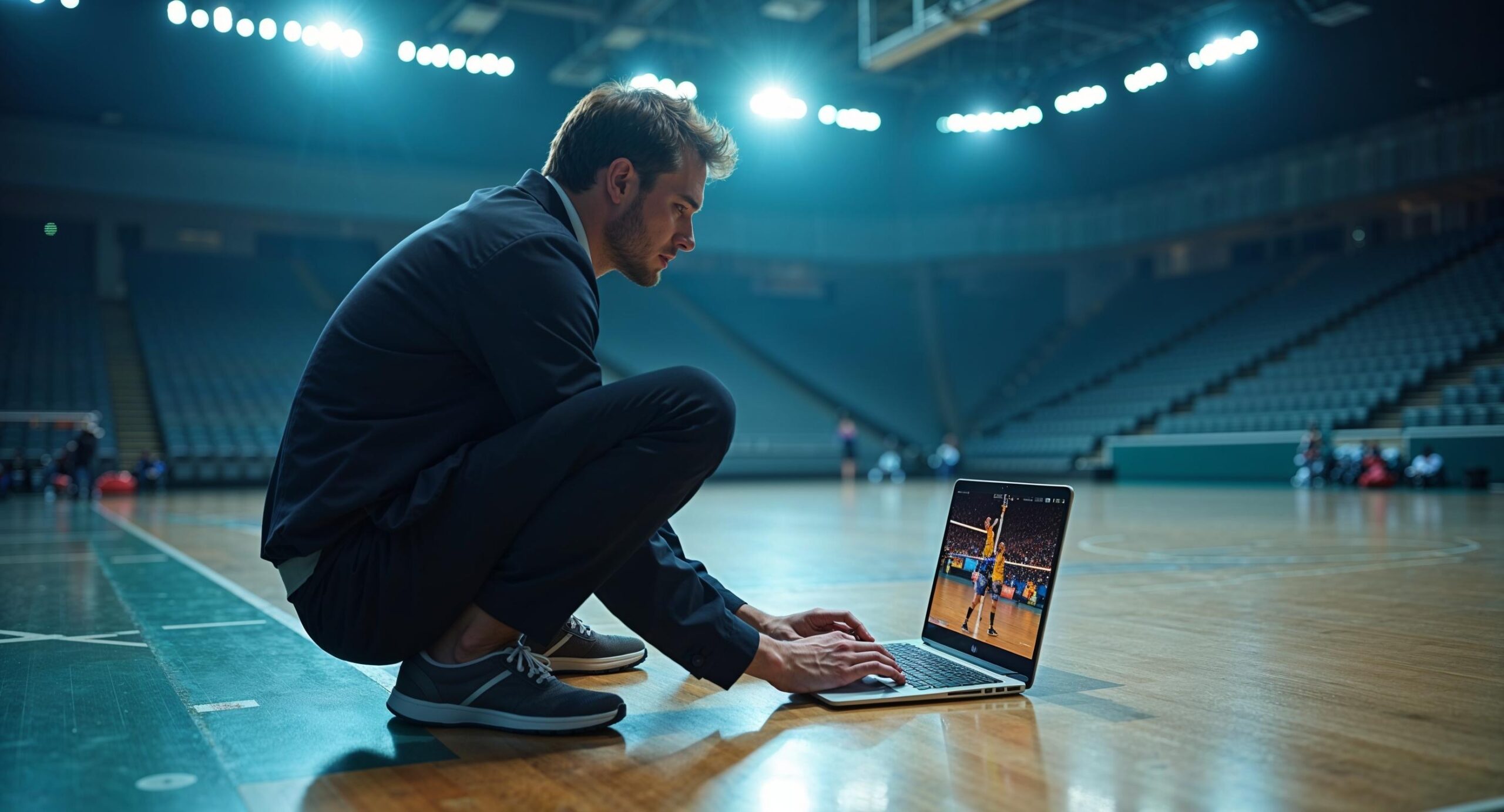 Photographer reviewing LED banding artifacts on a laptop inside an empty sports hall under industrial LED floodlights