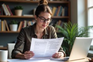 Fotografe bestudeert aandachtig een offertedocument met auteursrecht- en gebruiksrechtbepalingen aan haar lichte werkplek