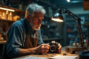Cameratechnicus onderzoekt versleten sluitermechanisme van een DSLR in een authentieke reparatiewerkplaats
