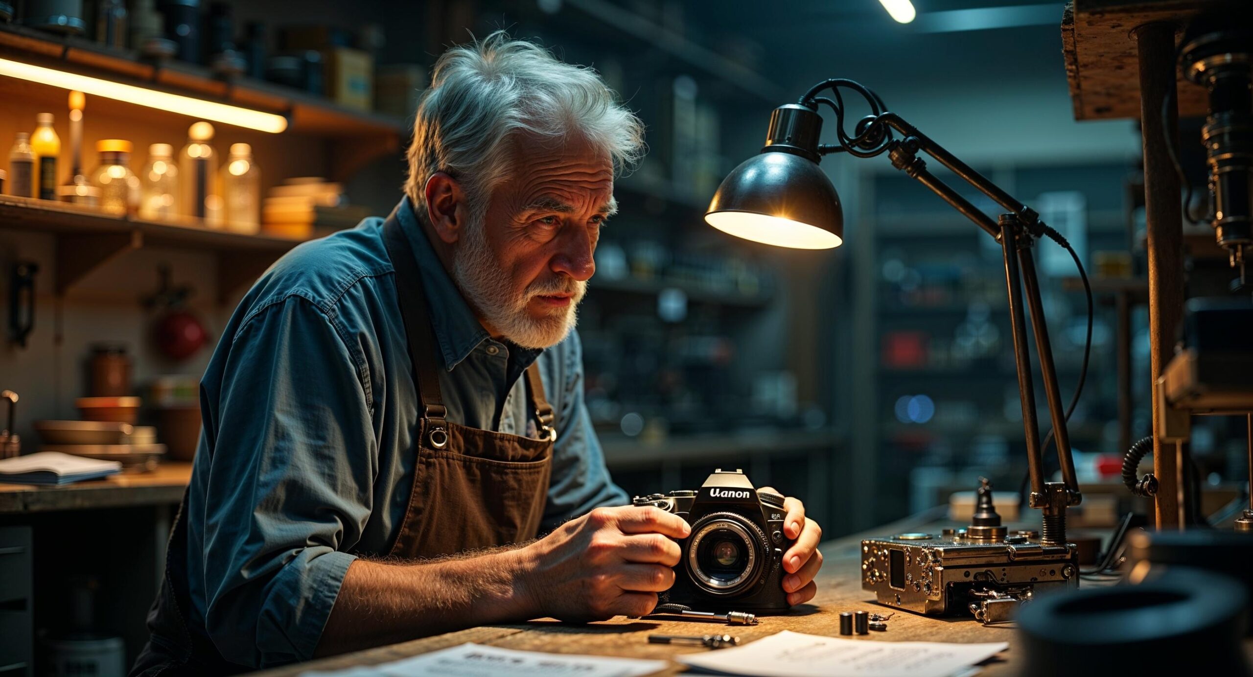 Cameratechnicus onderzoekt versleten sluitermechanisme van een DSLR in een authentieke reparatiewerkplaats