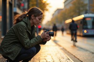 Een straatfotografe bekijkt zorgvuldig haar beelden op een natte straat in Rotterdam tijdens het gouden uur, met een onscherpe stadsomgeving op de achtergrond