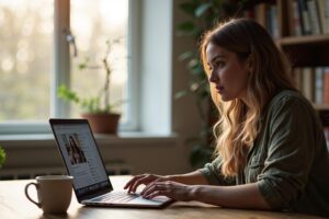 Vrouw achter laptop ontdekt dat haar foto zonder toestemming is gebruikt door een merk op Instagram