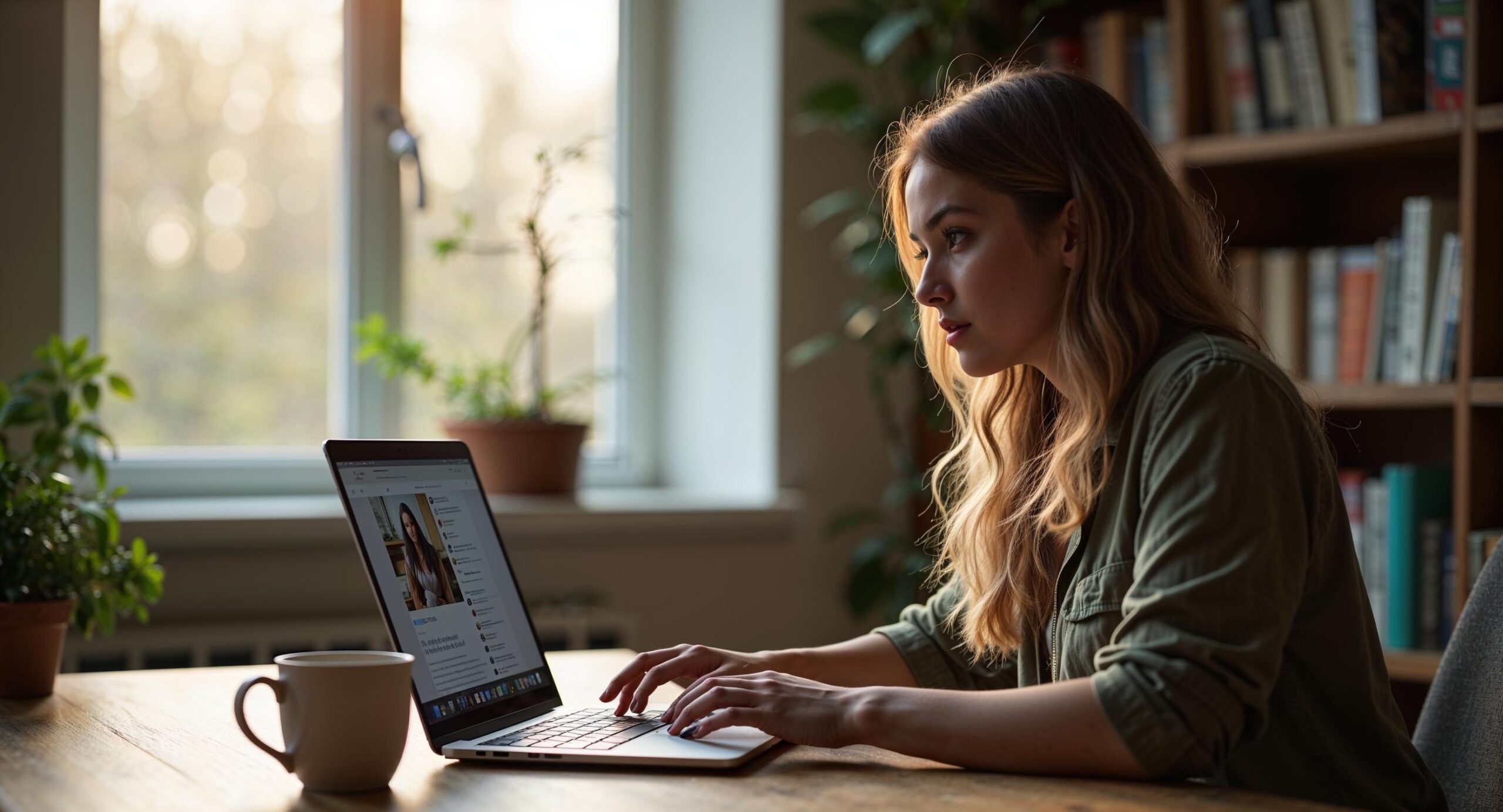 Vrouw achter laptop ontdekt dat haar foto zonder toestemming is gebruikt door een merk op Instagram