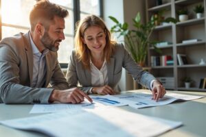 Twee professionals bespreken fotografietarieven en offertes aan een lichte werktafel in een modern kantoor met natuurlijk daglicht