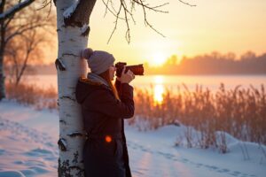 Fotografe meet de belichting van een tegenlichtscène in een besneeuwd Nederlands landschap bij gouden uurtje