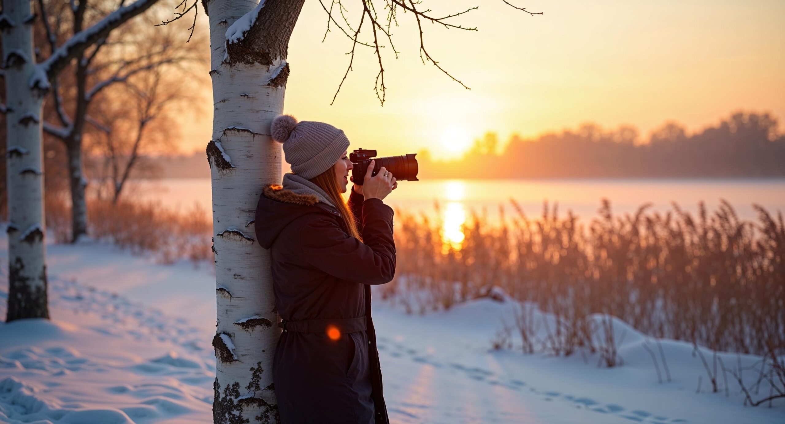 Fotografe meet de belichting van een tegenlichtscène in een besneeuwd Nederlands landschap bij gouden uurtje