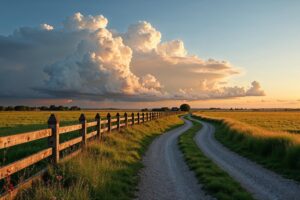 Gouden uurgras landschap met drie compositielagen, houten palen op voorgrond, kronkelend pad in middengrond en dramatische wolkenlucht op de achtergrond