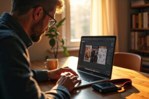 Photographer reviewing Fujifilm JPEG settings and film simulation results on a laptop in warm afternoon light