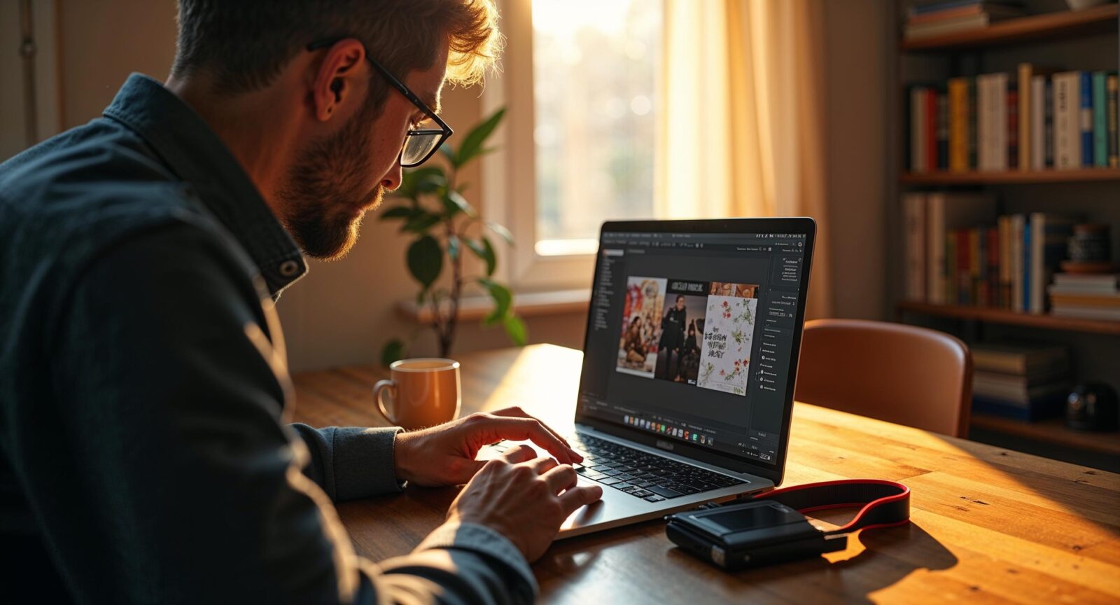 Photographer reviewing Fujifilm JPEG settings and film simulation results on a laptop in warm afternoon light