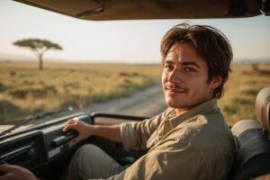 Ontspannen safarifotograaf glimlacht in een open voertuig in de Maasai Mara bij gouden zonsondergang
