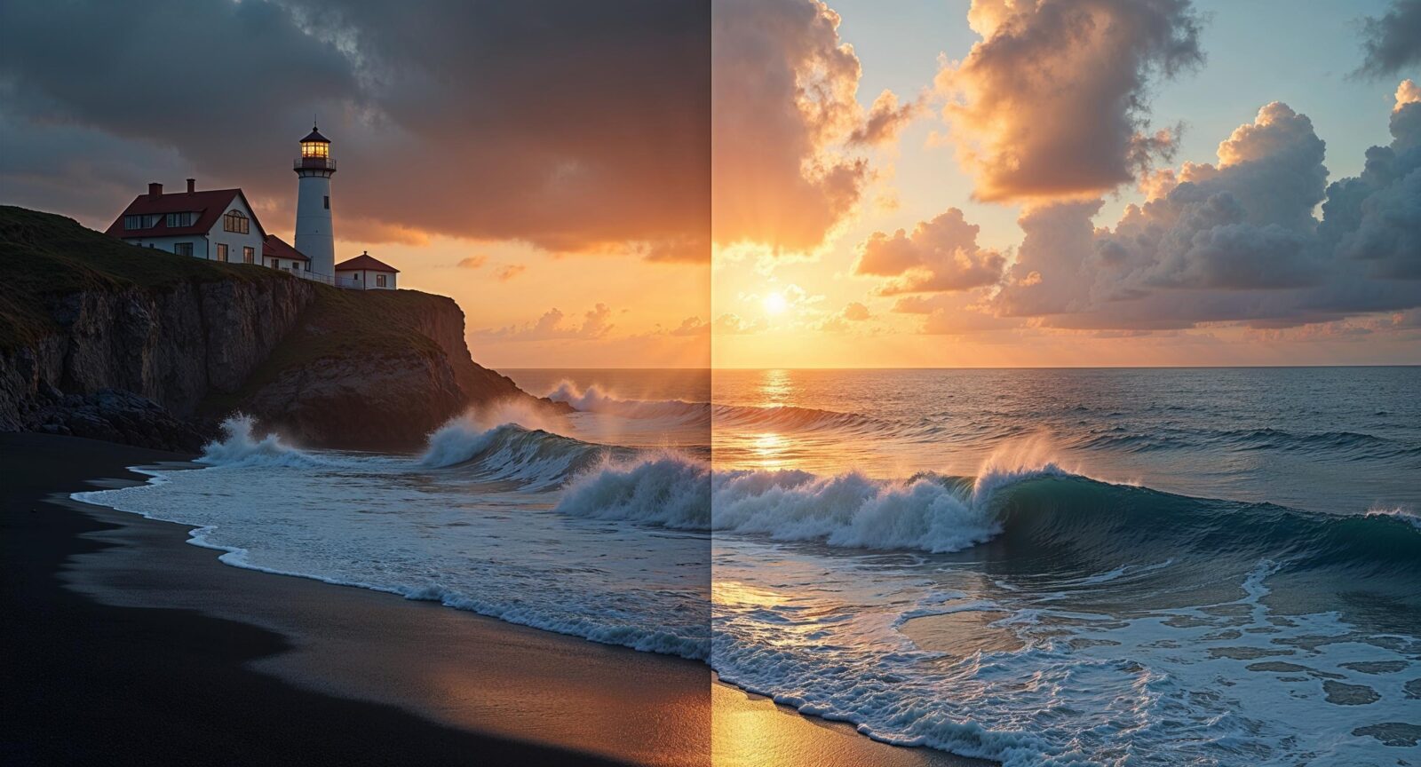 Een authentieke foto van een vuurtoren bij zonsondergang naast een bijna identieke maar net iets te perfecte AI-gegenereerde versie van hetzelfde beeld, ter illustratie van het auteursrechtdebat rond AI-beeldgeneratie
