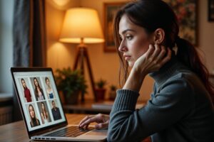 Fotografe overdenkt ethische keuzes rondom AI-gebruik bij fotobewerking terwijl ze portretfoto's bekijkt op haar laptop
