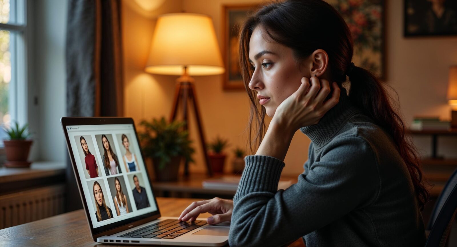 Fotografe overdenkt ethische keuzes rondom AI-gebruik bij fotobewerking terwijl ze portretfoto's bekijkt op haar laptop