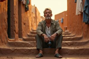 Reisfotograaf zit rustig op stenen trappen in een Afrikaans dorp bij gouden uurstemming, camera in de schoot, ogen gesloten in bewuste reflectie